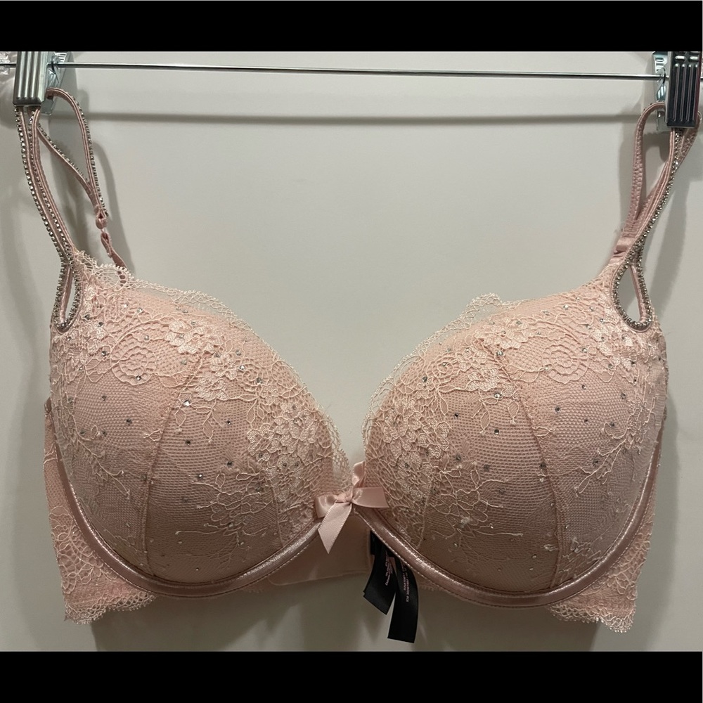 Pink Lace Embellished Bra with Push Up